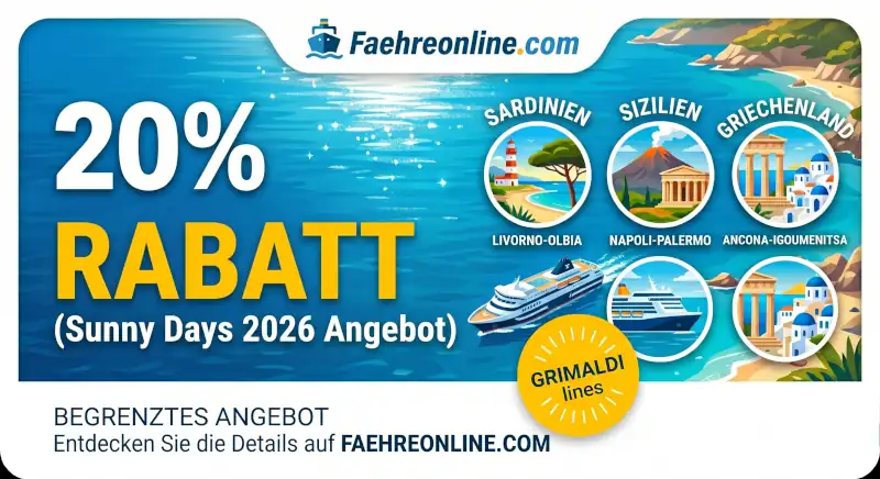 Grimaldi Lines-Angebot „Sunny Days 2026“: 20 % Rabatt auf Sardinien, Sizilien und Griechenland!