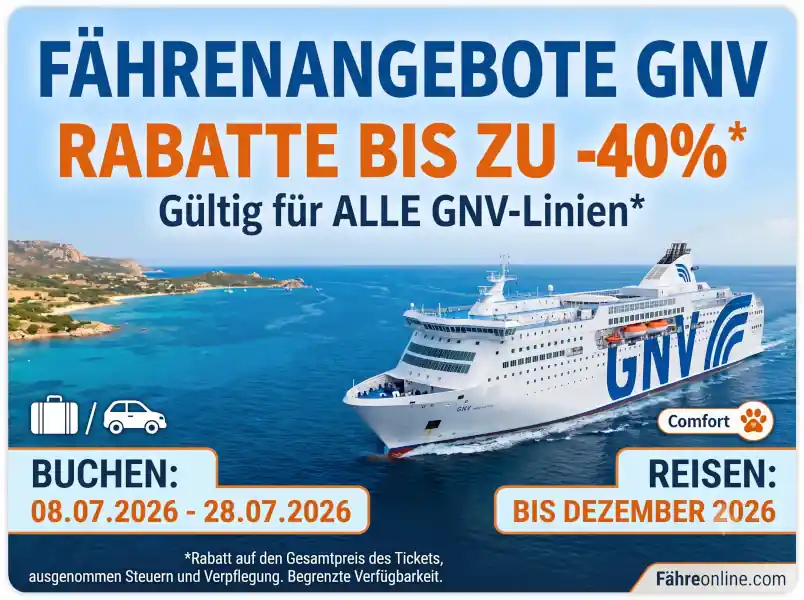 GNV-Fährangebote 2026: Rabatte von bis zu 40 % auf Faehreonline.com