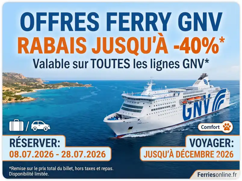 Offres GNV 2026 : jusqu'&agrave; 40 % de r&eacute;duction sur Ferriesonline.fr