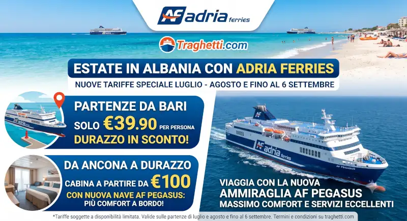 Estate in Albania con Adria Ferries: tariffe shock da Bari e Ancona e il debutto della nuova nave Pegasus