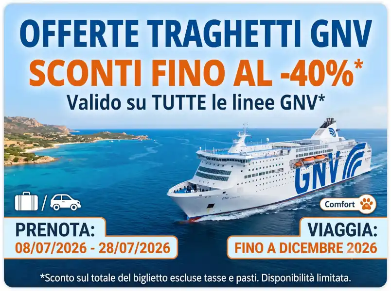 Offerte Traghetti GNV 2026: Sconti fino al -40% su Traghetti.com