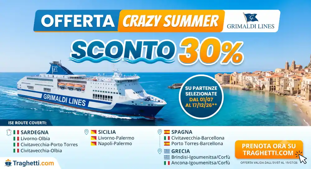 Grimaldi Lines Crazy Summer Sconto del 30% sui Traghetti per Sardegna, Sicilia e Grecia