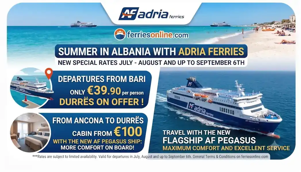 Summer in Albania with Adria Ferries: unbeatable fares from Bari and Ancona and the debut of the new ship, the Pegasus