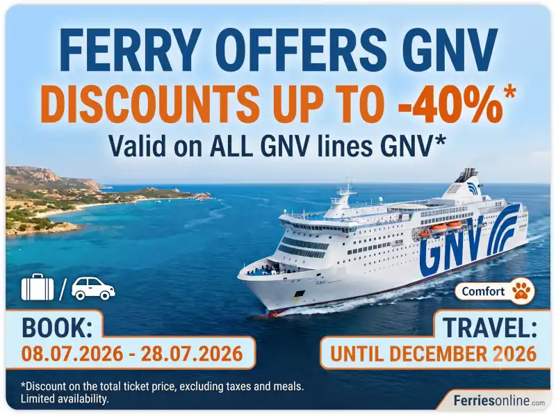 GNV Ferry Deals 2026: Up to 40% off on Ferriesonline.com