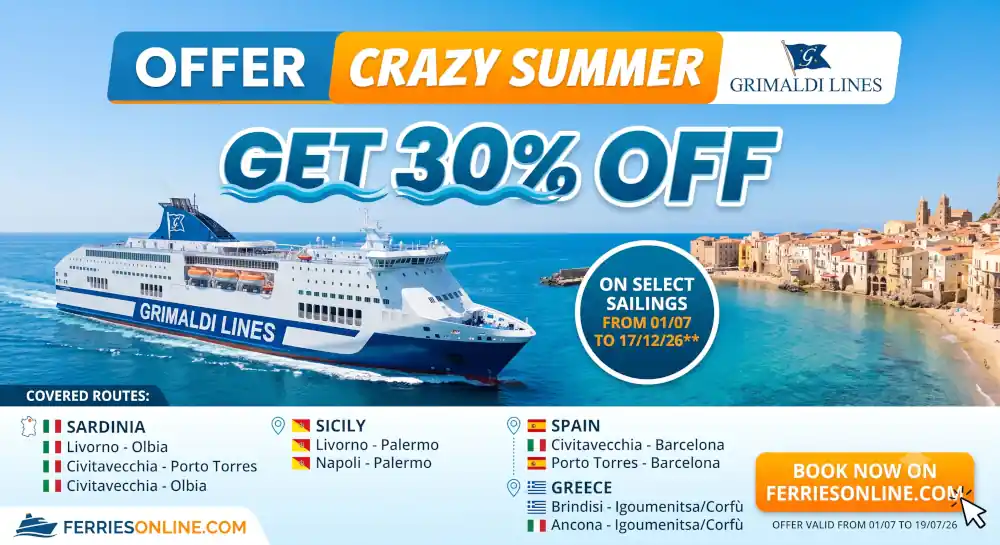 Grimaldi Lines Crazy Summer: 30% off ferries to Sardinia, Sicily, and Greece